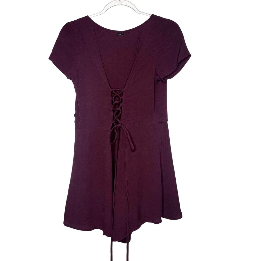 OBEY WORLDWIDE Short Sleeve Lace Up Front Romper Playsuit V Neck Purple Size S